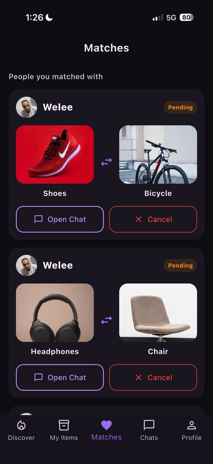 Sit N Swap matches screen
